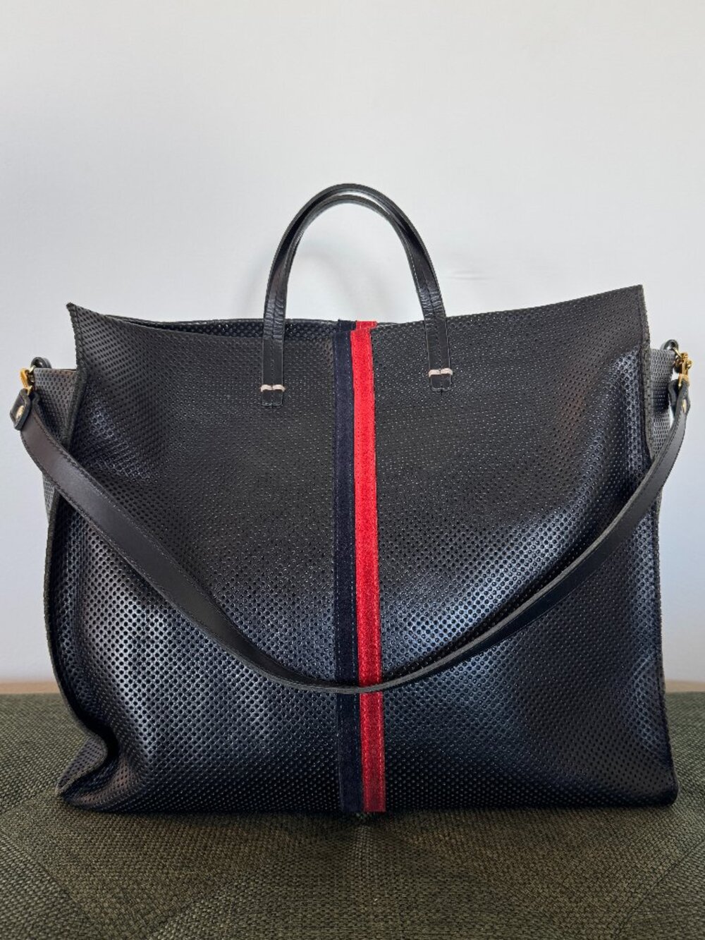 Clare V Simple Tote Black Perforated Leather with Red and Navy Suede Stripe